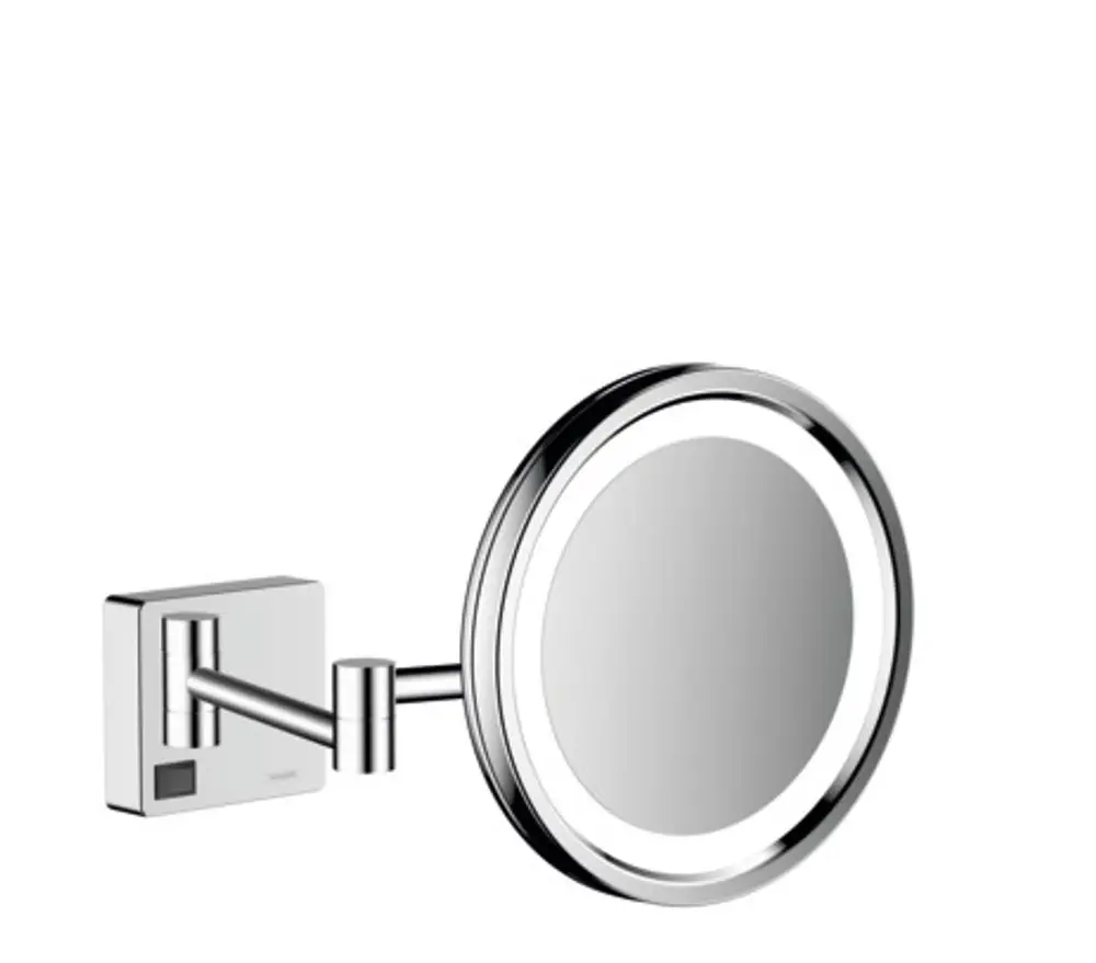 Rasierspiegel von Hansgrohe mit LED-Beleuchtung, wandmontiert und drehbar. Die Chrom-Oberfläche sorgt für eine moderne Optik im Badezimmer.
